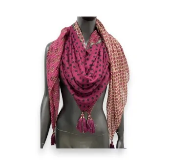 Square patchwork scarf with raspberry polka dots and flowers