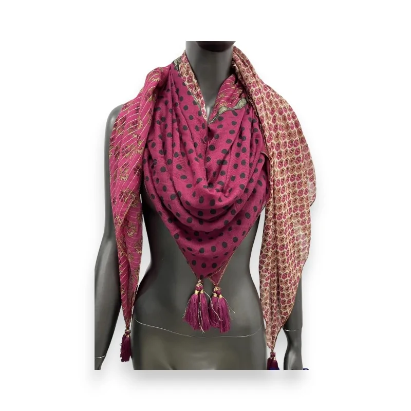 Foulard carré patchwork framboise pois et fleurs