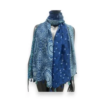 Ethnic blue scarf with pompoms