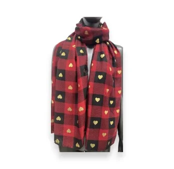 Red and black checkered scarf with golden hearts