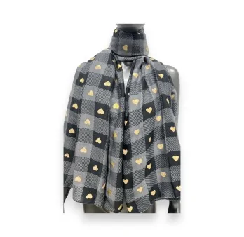 Foulard a Quadri Grigio e Nero con Cuori Dorati