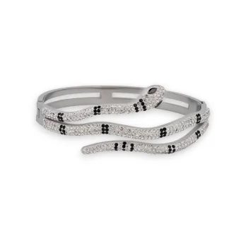 Silver snake bangle with black and white rhinestones