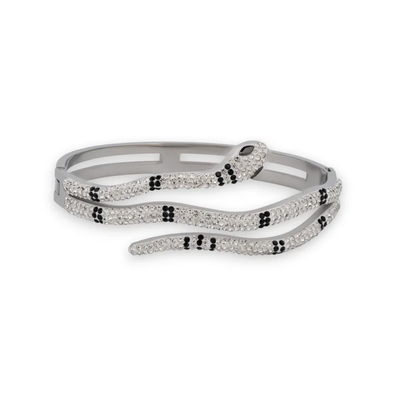 Bracciale anello d'argento serpente con strass bianchi e neri