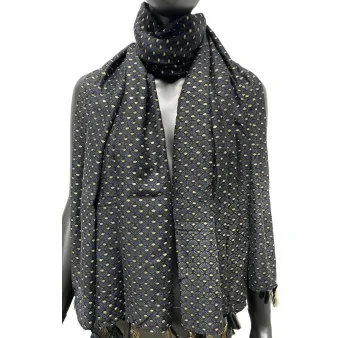 Grey and Black Fan Pattern Scarf with Gold Accents