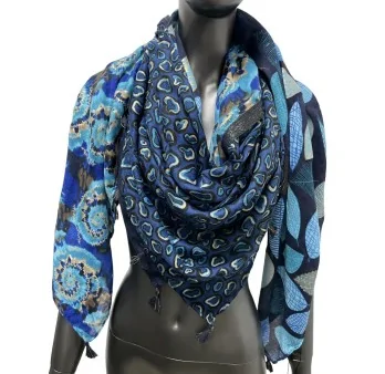 Patchwork square scarf with 4 sides of blue leaves