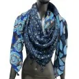 Foulard carré patchwork 4 faces feuilles bleues