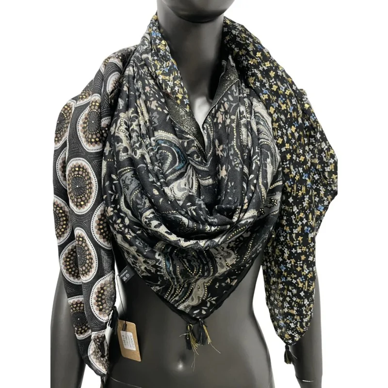 Foulard quadrato patchwork con motivo cachemire e liberty nero