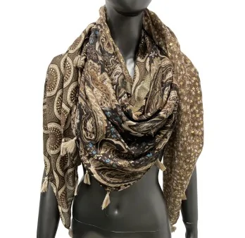 Foulard carré patchwork cachemire et liberty marron