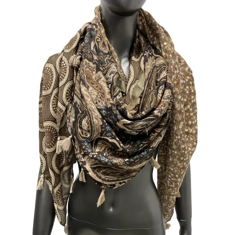 Foulard carré patchwork cachemire et liberty marron