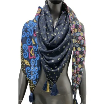 Foulard carré patchwork multicolore bleu marine