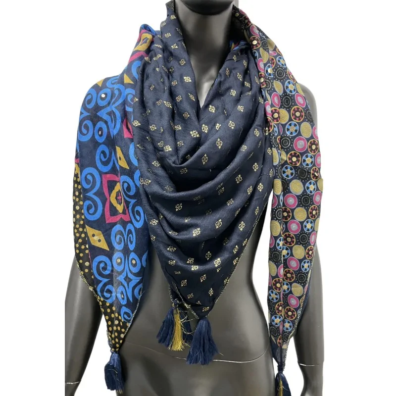 Foulard carré patchwork multicolore bleu marine