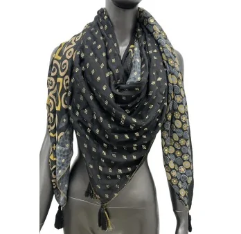 Foulard carré patchwork géométrique noir et moutarde