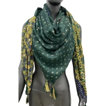 Square patchwork scarf with geometric shapes in green and mustard