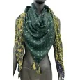 Foulard carré patchwork formes géométriques vert et moutarde