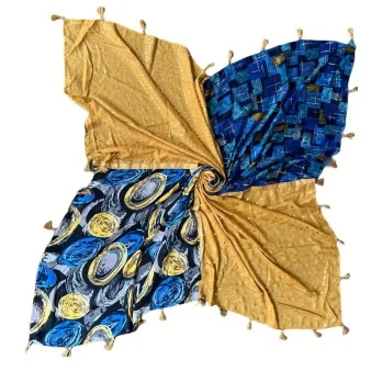 Foulard carré patchwork géométrique bleu et moutarde