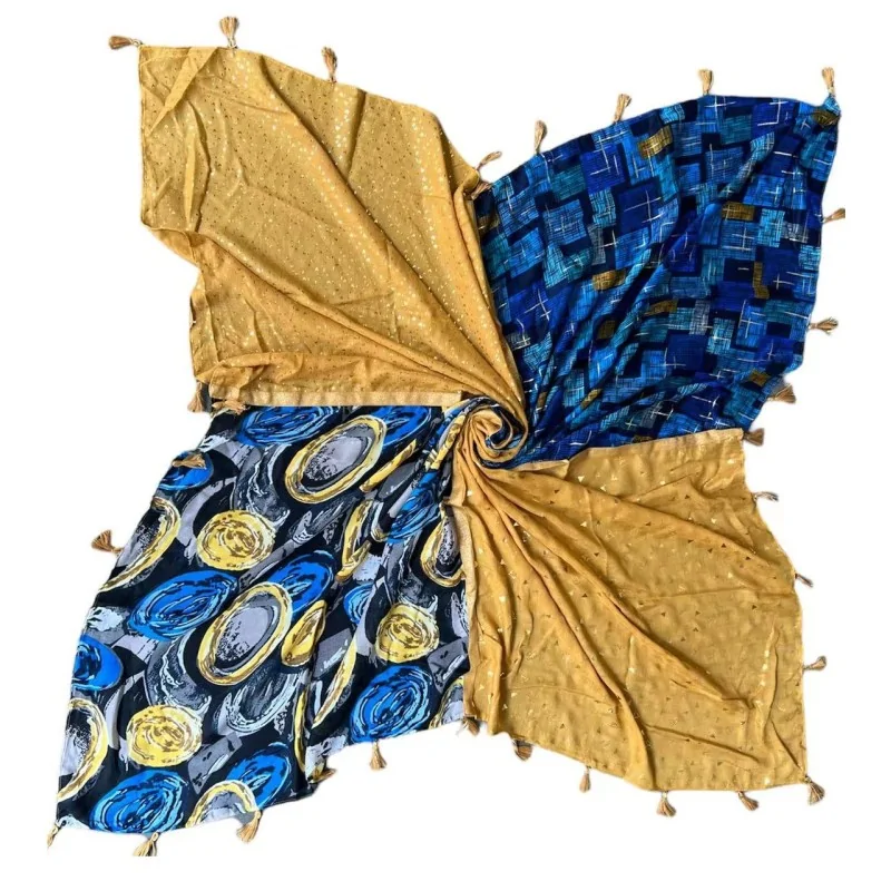 Foulard carré patchwork géométrique bleu et moutarde