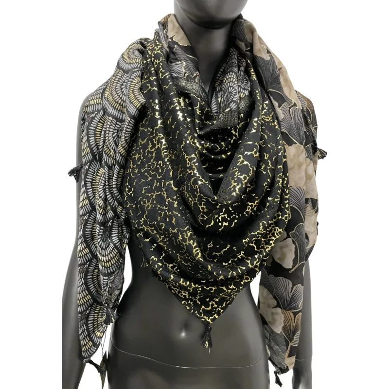 Foulard carré patchwork noir et taupe