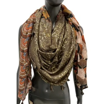 Foulard carré patchwork marron et orange