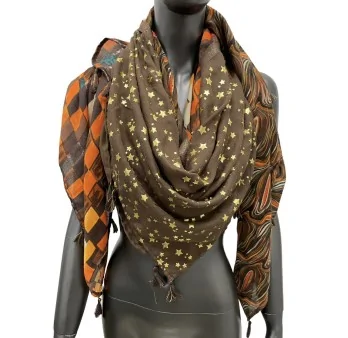 Foulard carré patchwork 4 motifs marron et orange