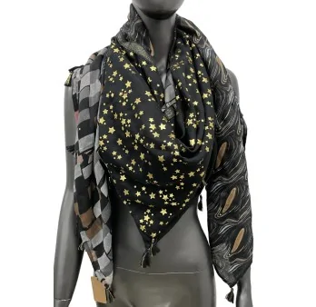 Square scarf with gold star patchwork and black design shapes