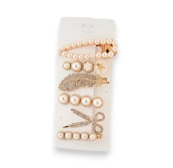 Set of hair clips with pearls and rhinestones