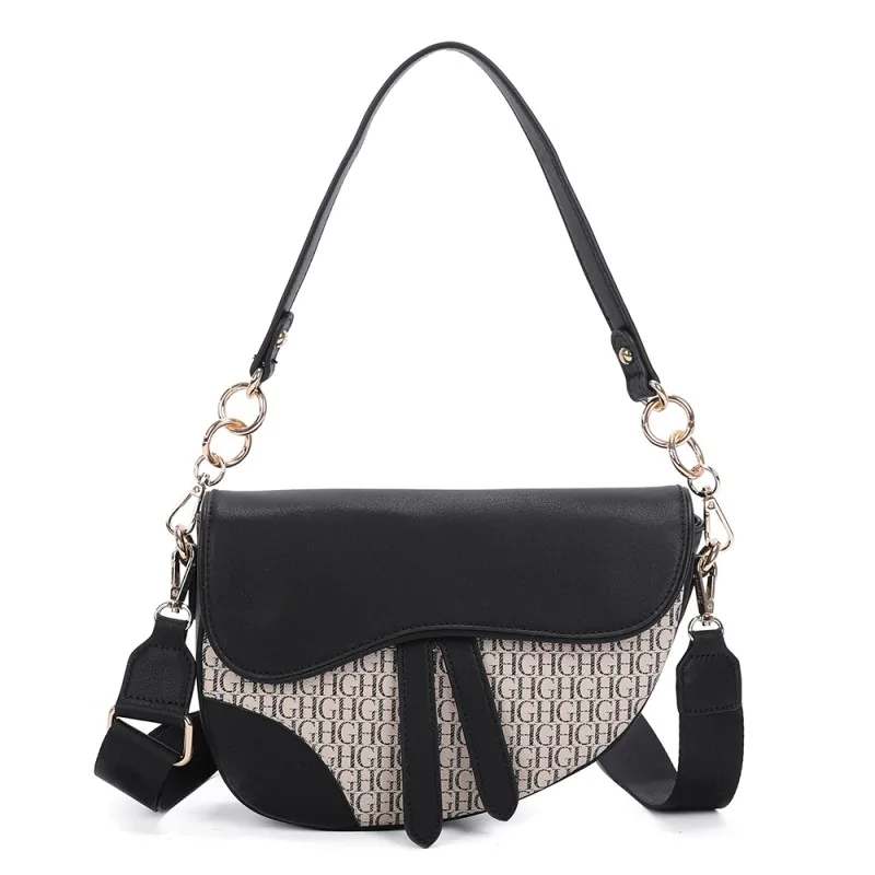 Black and beige monogram pattern crossbody handbag