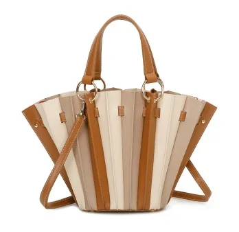 Bolso de mano plisado bicolor camel y beige