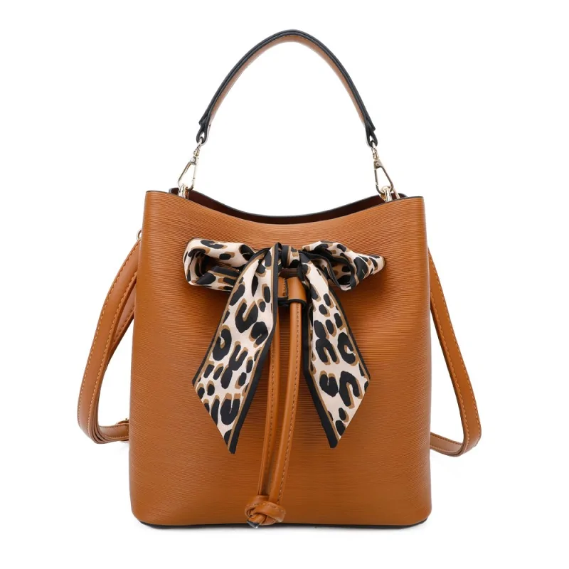 Elegant camel-colored rigid handbag with leopard print bow