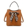 Elegant camel-colored rigid handbag with leopard print bow