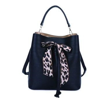 Rigid black handbag with leopard print bow