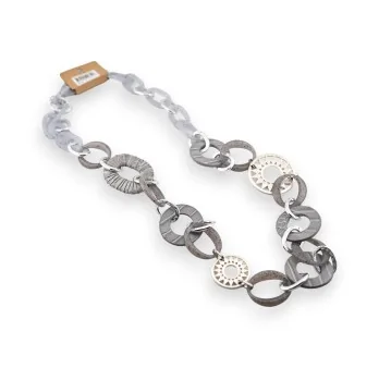 Collier sautoir fantaisie chaine gros maillon argenté et gris