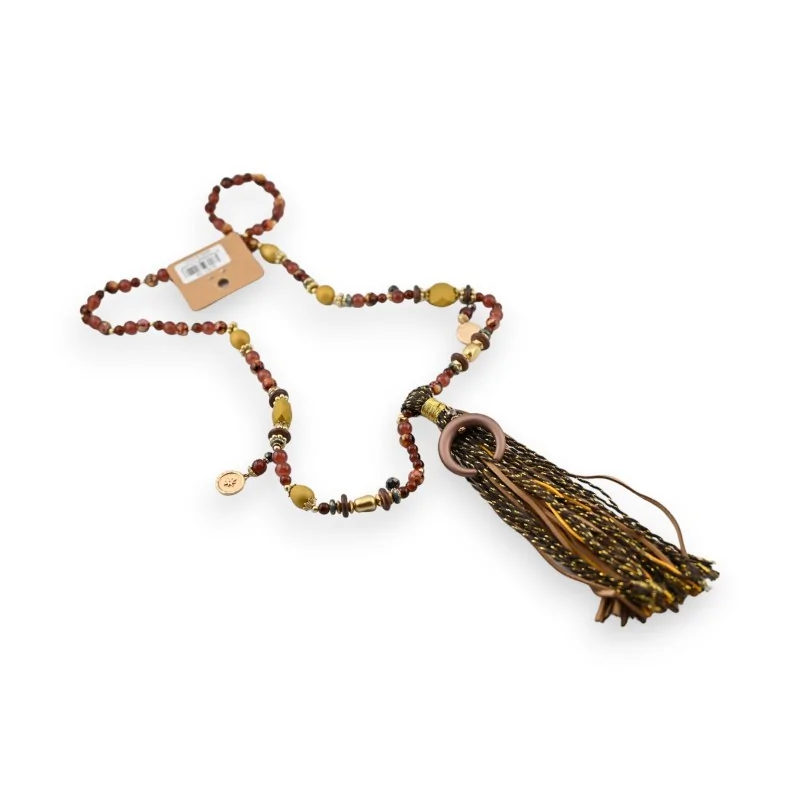 Collana lunga boho marrone con nappina in tessuto