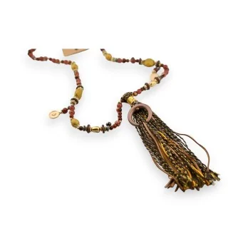 Collana lunga boho marrone con nappina in tessuto