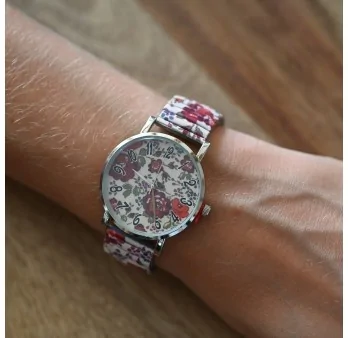 Ernest\'s Red Burgundy Floral Printed Watch