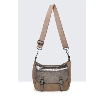 Borsa a tracolla in camoscio sintetico Taupe con patta metallizzata