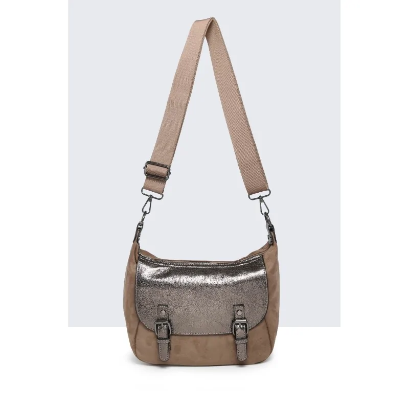 Borsa a tracolla in camoscio sintetico Taupe con patta metallizzata