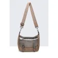 Borsa a tracolla in camoscio sintetico Taupe con patta metallizzata