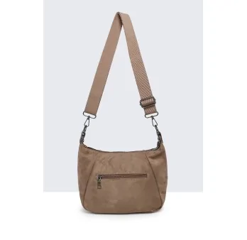 Borsa a tracolla in camoscio sintetico Taupe con patta metallizzata