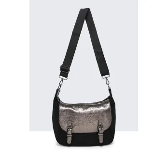 Faux suede black shoulder bag with metallic flap