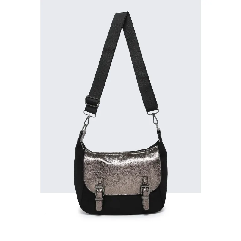 Suede crossbody bag in Black with metallic flap