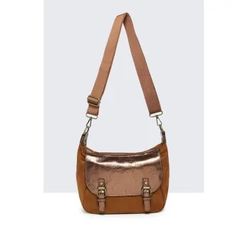 Camel faux suede crossbody bag with metallic flap