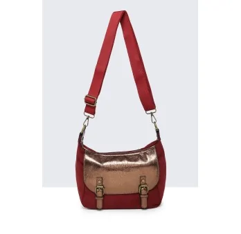 Burgundy suede crossbody bag with metallic flap