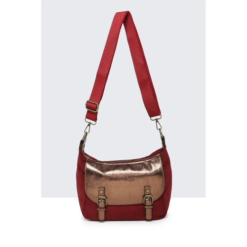 Burgundy suede crossbody bag with metallic flap