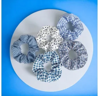 Set of 5 blue printed scrunchies