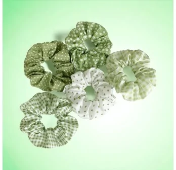 Set of 5 green scrunchies with various patterns