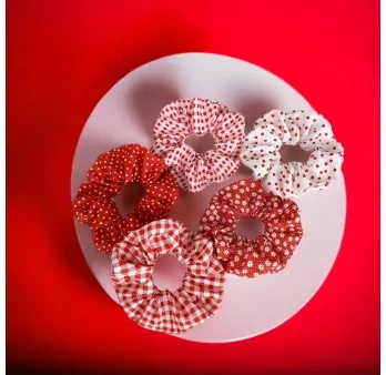 Set of 5 red and white printed scrunchies