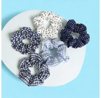 Set of 5 navy blue and white patterned scrunchies