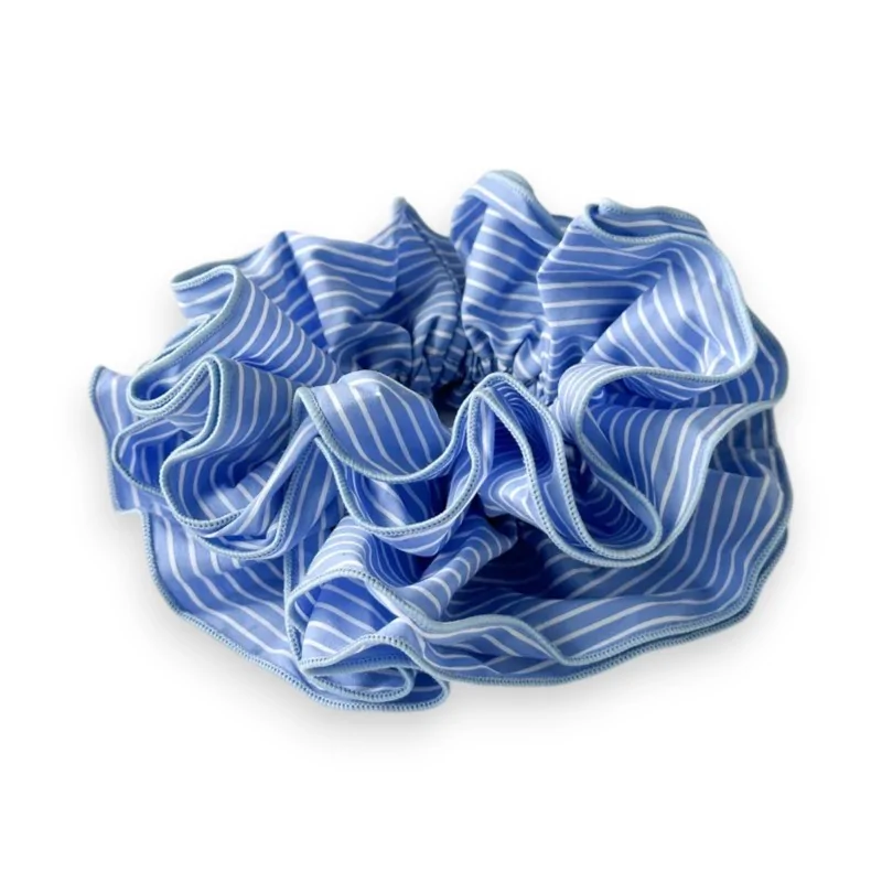 Striped blue and white scrunchie hair tie