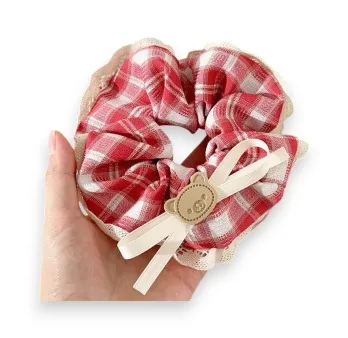 Fancy red and beige checkered scrunchie