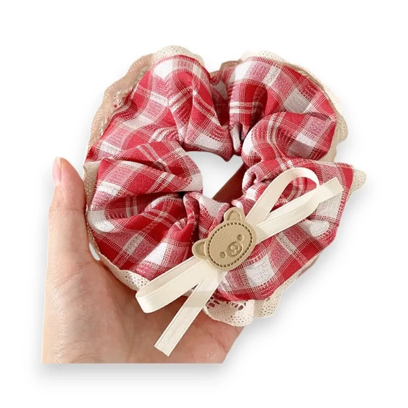 Fancy red and beige checkered scrunchie